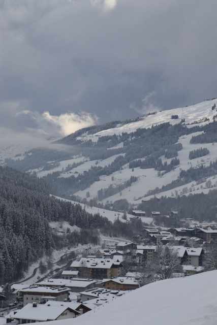 Snowy slopes and village in Saalbach-Hinterglemm, Austria