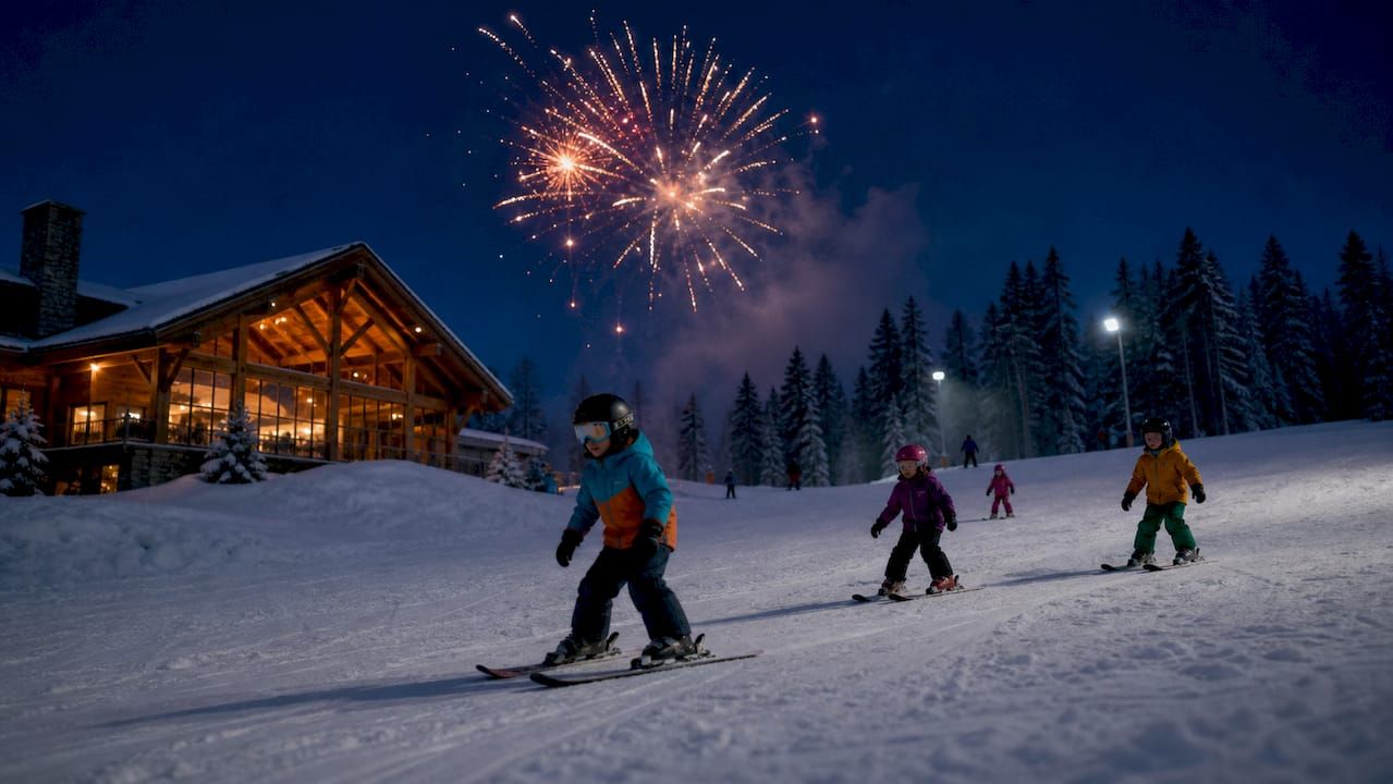 Familien beobachten am frühen Abend ein Feuerwerk im Skigebiet