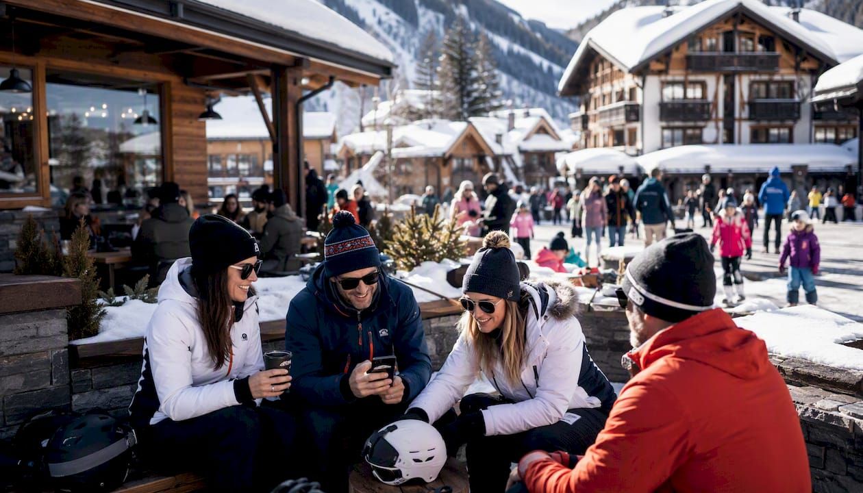Freundesgruppe in einem verschneiten Skiort während der Silvesterwoche