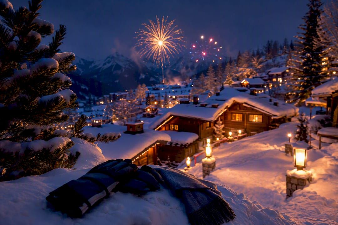 Fackelabfahrt unter einem Silvesterfeuerwerk im Skigebiet